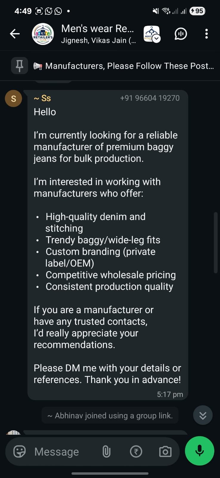 Retailer posting a bulk requirement for premium baggy jeans in the community