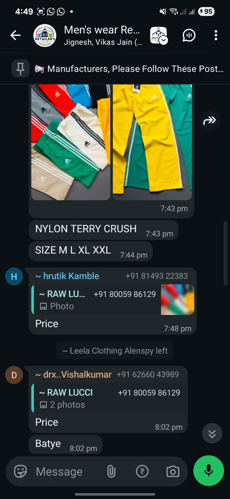 Retailers asking rates on wholesale track pants inside the group