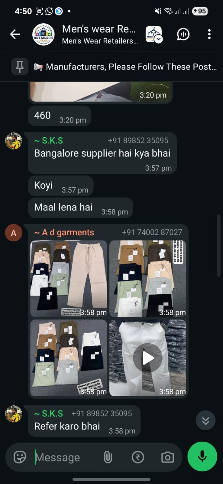 Retailer asking for a Bangalore supplier and manufacturers responding