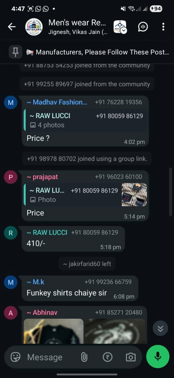 Screenshot of daily activity inside the Retailer's Club India community